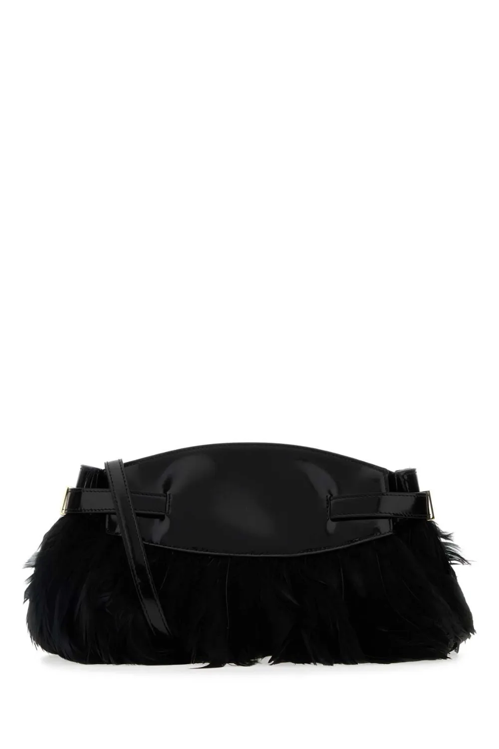 Ferragamo Black Leather And Feathers Hug Clutch In Black