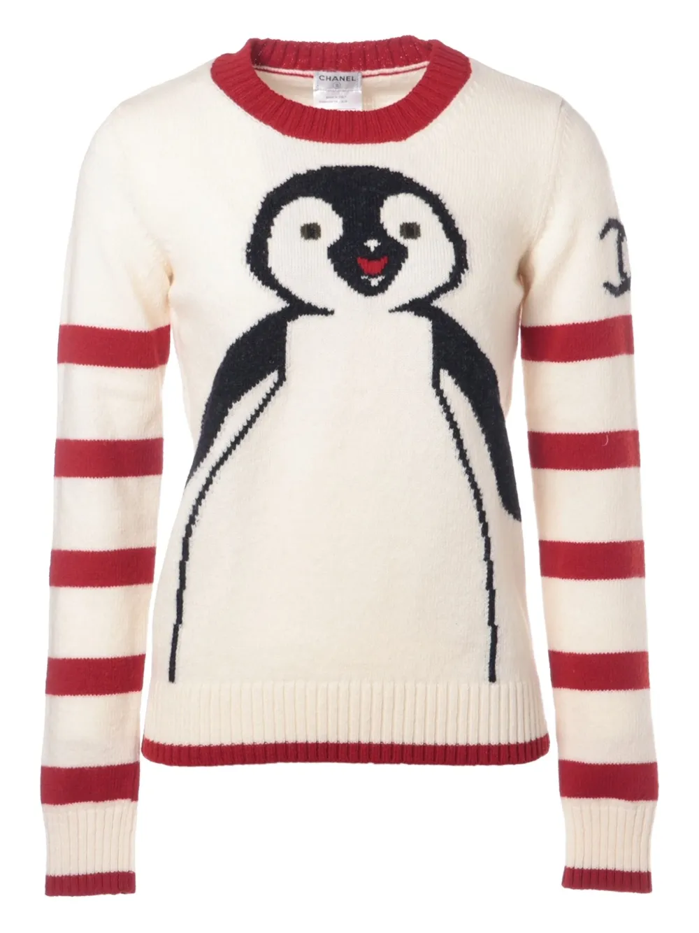 Pre-owned Chanel 2007 Penguin-motif Striped Sweater In White