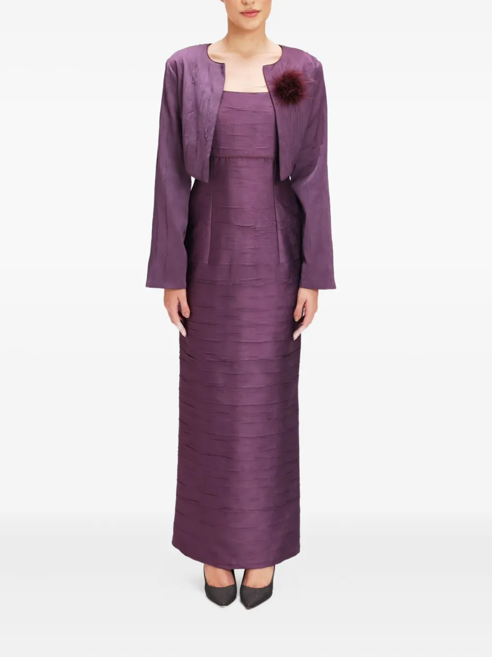 Baruni feather-embellished pleated dress and jacket set - Paars