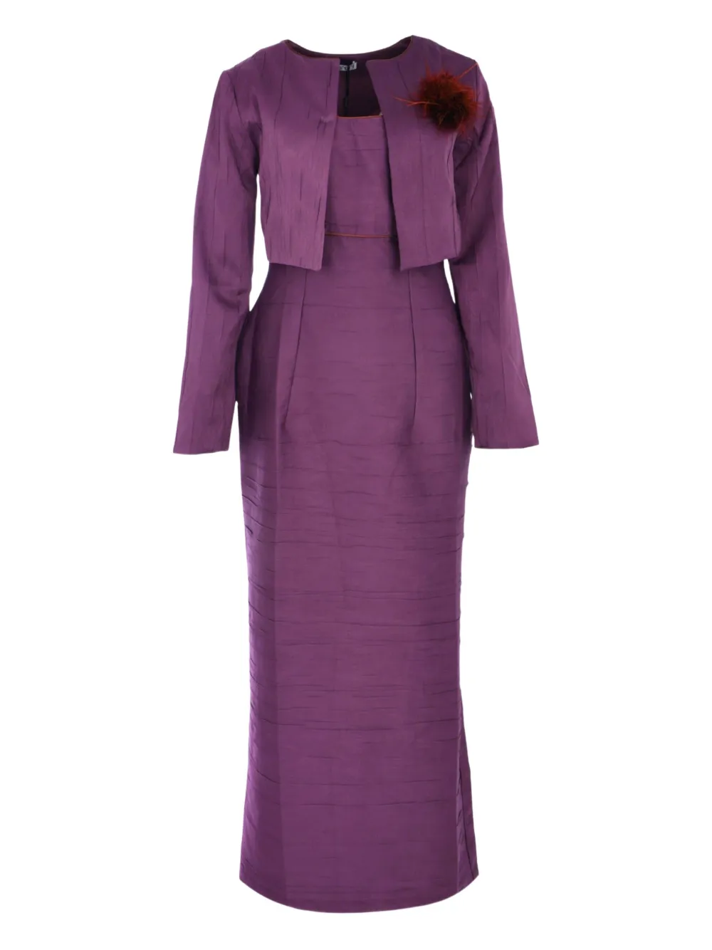 Baruni Feather-embellished Pleated Dress And Jacket Set In Multi