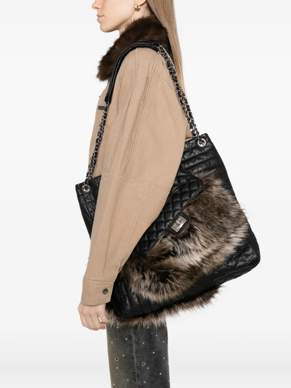 CHANEL Pre-Owned Quilted Calfskin Leather and Karl's Cabas Fantasy Fur Tote Bag | Pre-Owned | Image 2