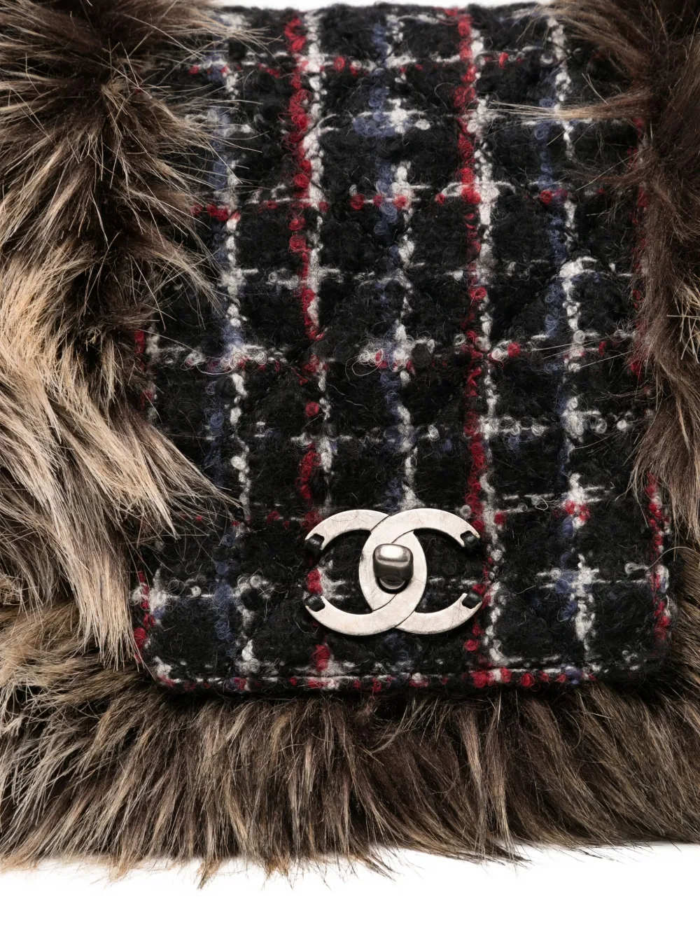 Pre-owned Chanel Classic Flap Faux Fur Tweed Shoulder Bag In Black