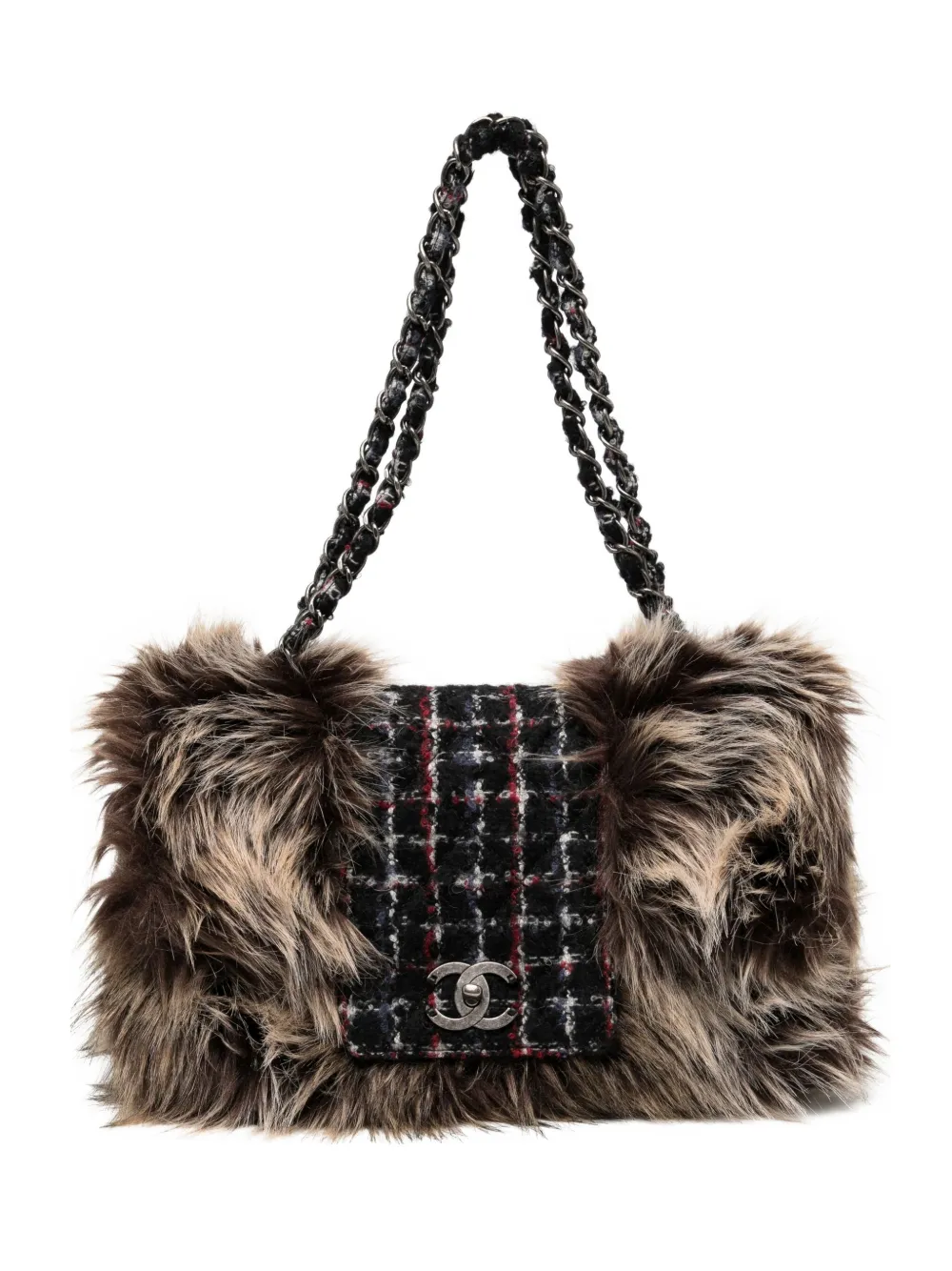 Pre-owned Chanel Classic Flap Faux Fur Tweed Shoulder Bag In Black