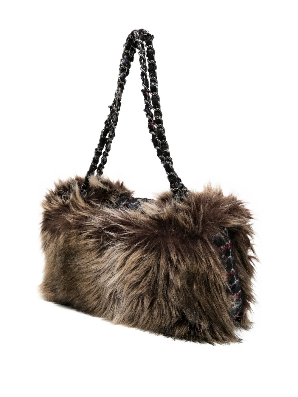 Pre-owned Chanel Classic Flap Faux Fur Tweed Shoulder Bag In Black