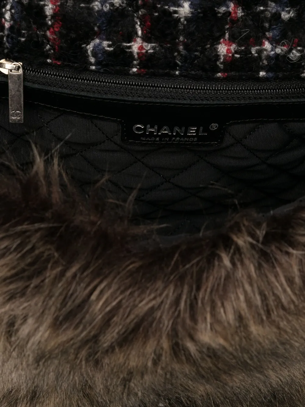 Pre-owned Chanel Classic Flap Faux Fur Tweed Shoulder Bag In Black