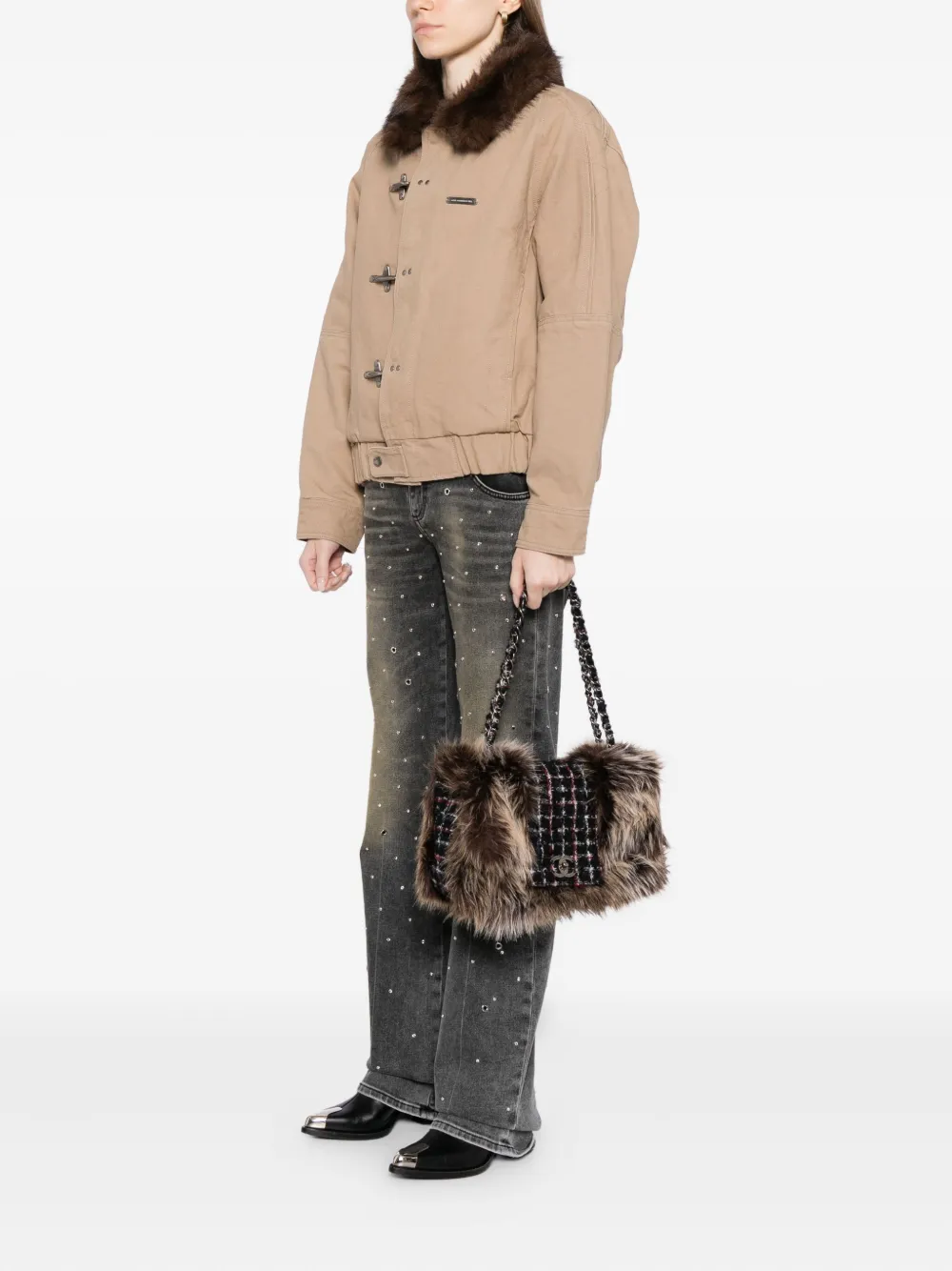 Pre-owned Chanel Classic Flap Faux Fur Tweed Shoulder Bag In Black