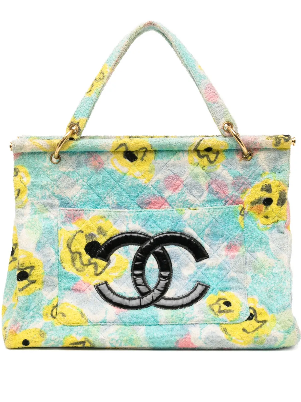 Pre-owned Chanel Pile Enamel Multicolor Floral Print Tote Bag In Blue