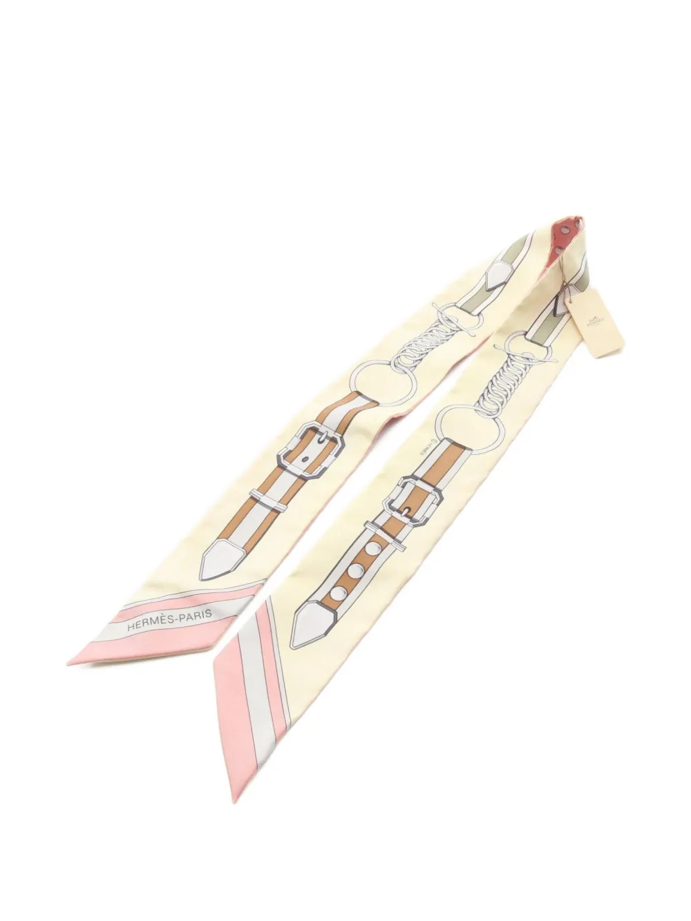Pre-owned Hermes 1920s Grand Tralala Pearl-print Ribbon Scarf In Neutral