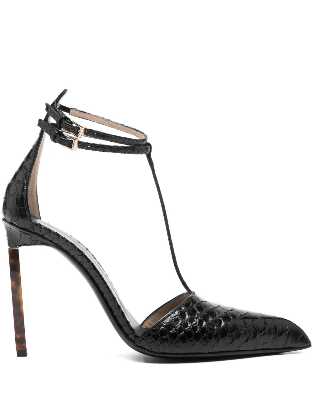 Tom Ford Printed Python T Strap Pumps In Black