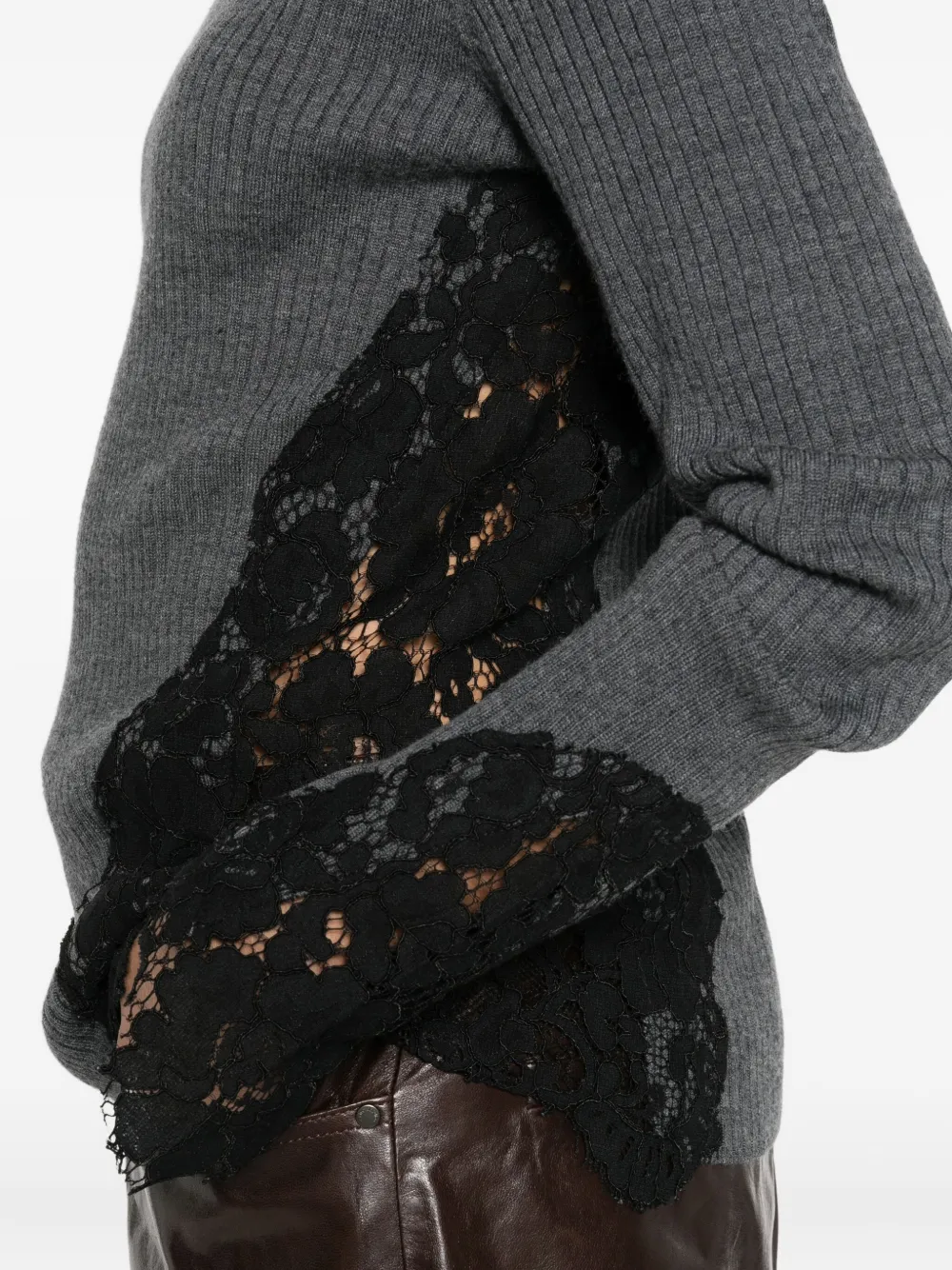 Pinko Samoa Lace-insert Ribbed Sweater In Gray