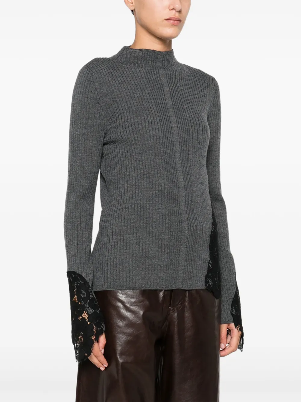 Pinko Samoa Lace-insert Ribbed Sweater In Gray