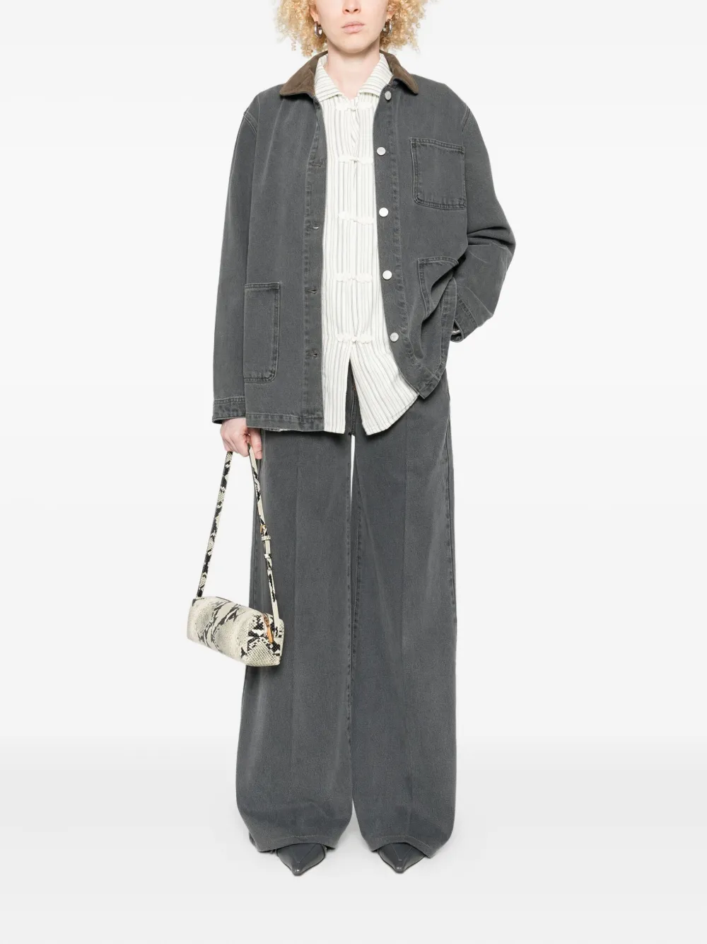 Officine Generale Corduroy-collar Denim Jacket In Gray