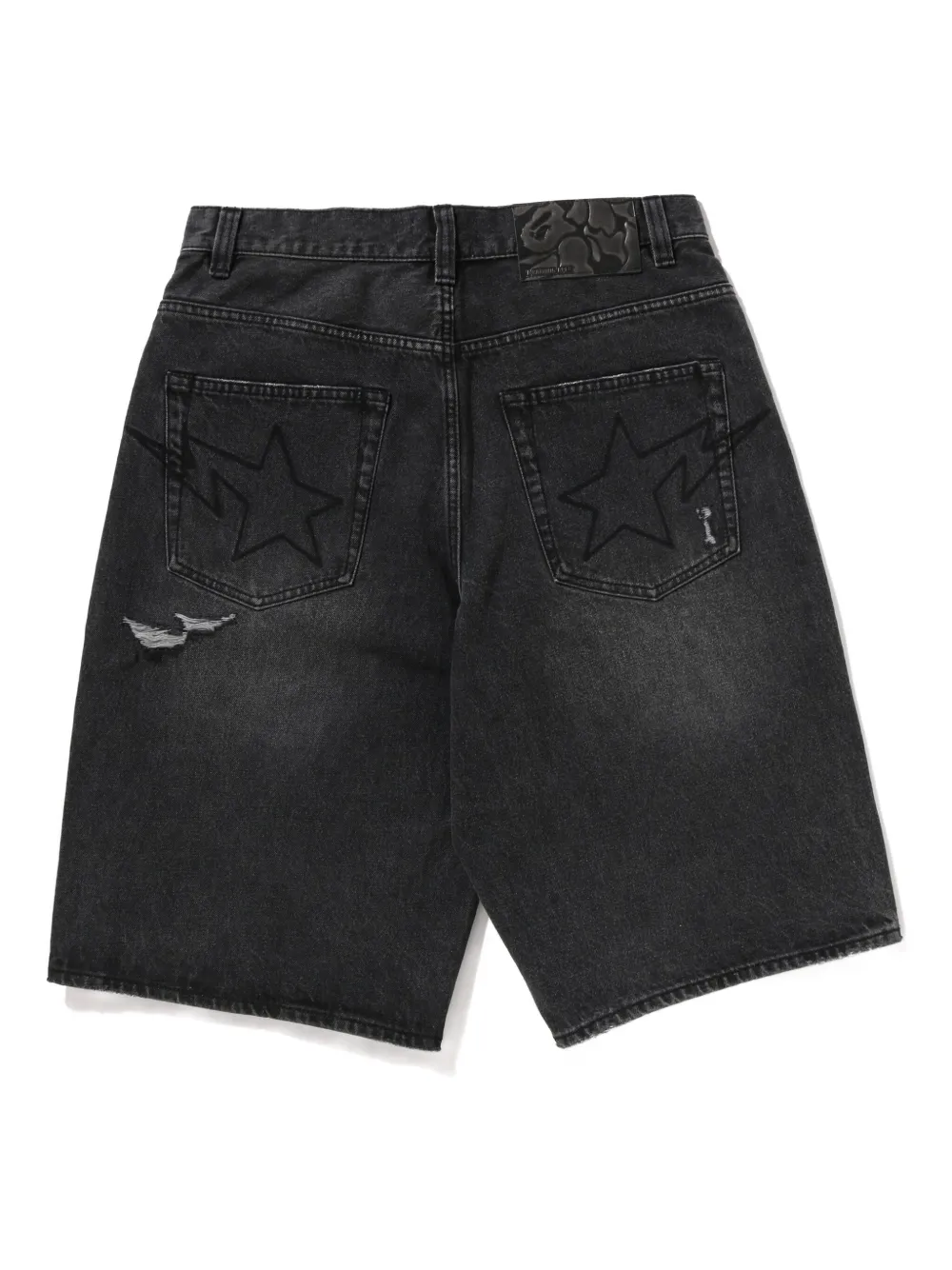 A BATHING APE Gerafelde denim shorts met geborduurde ster - Zwart