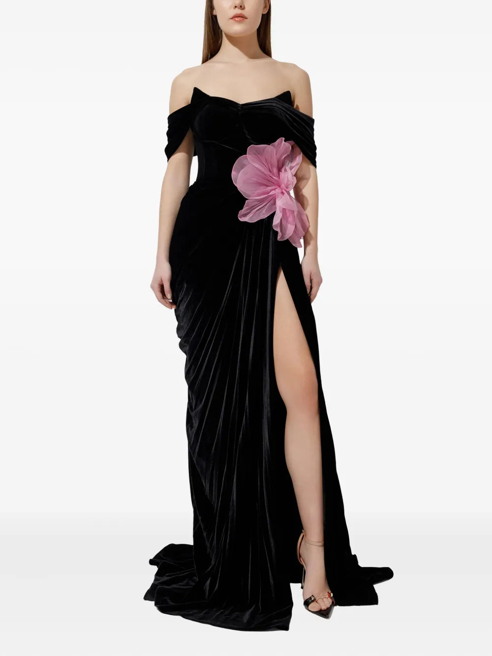 Iris Serban off-shoulder velvet flower dress - Zwart