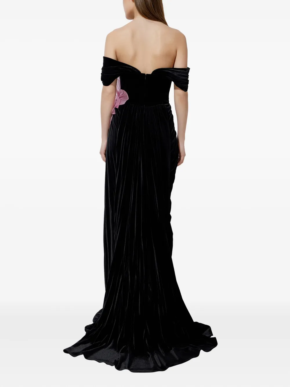 Iris Serban Off-shoulder fluwelen jurk met bloem Zwart