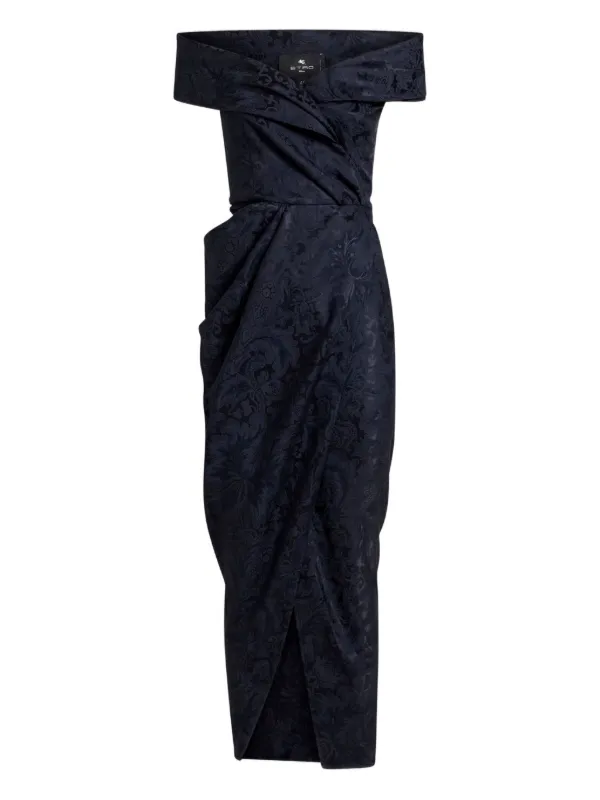 Etro, Silk-blend Jacquard Evening Dress, Woman, Blue, Size 50 Etro, Silk-blend Jacquard Evening Dress, Woman, Blue, Size 50