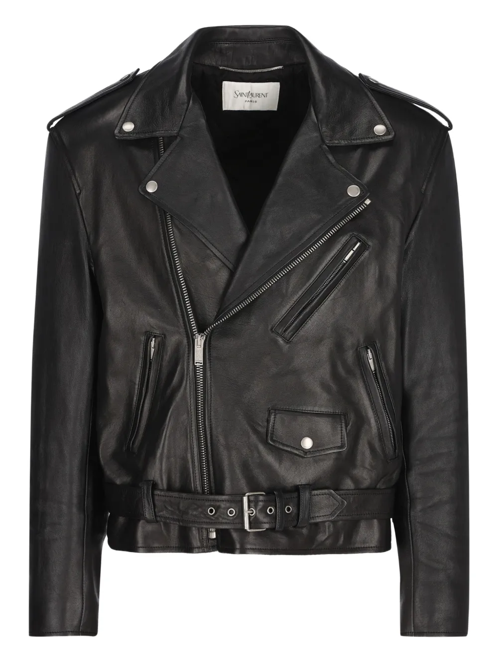 Saint Laurent Zipped Two-away Collar Leather Jacket In Black