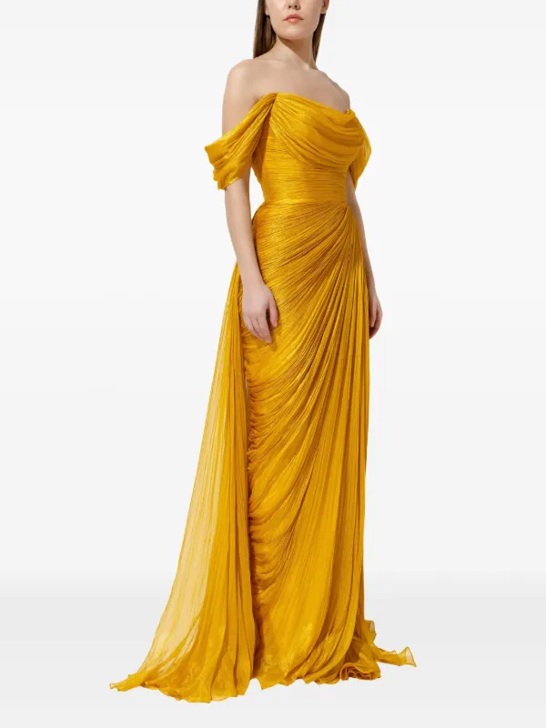 Iris Serban Pleated off-shoulder Dress | Gold | FARFETCH