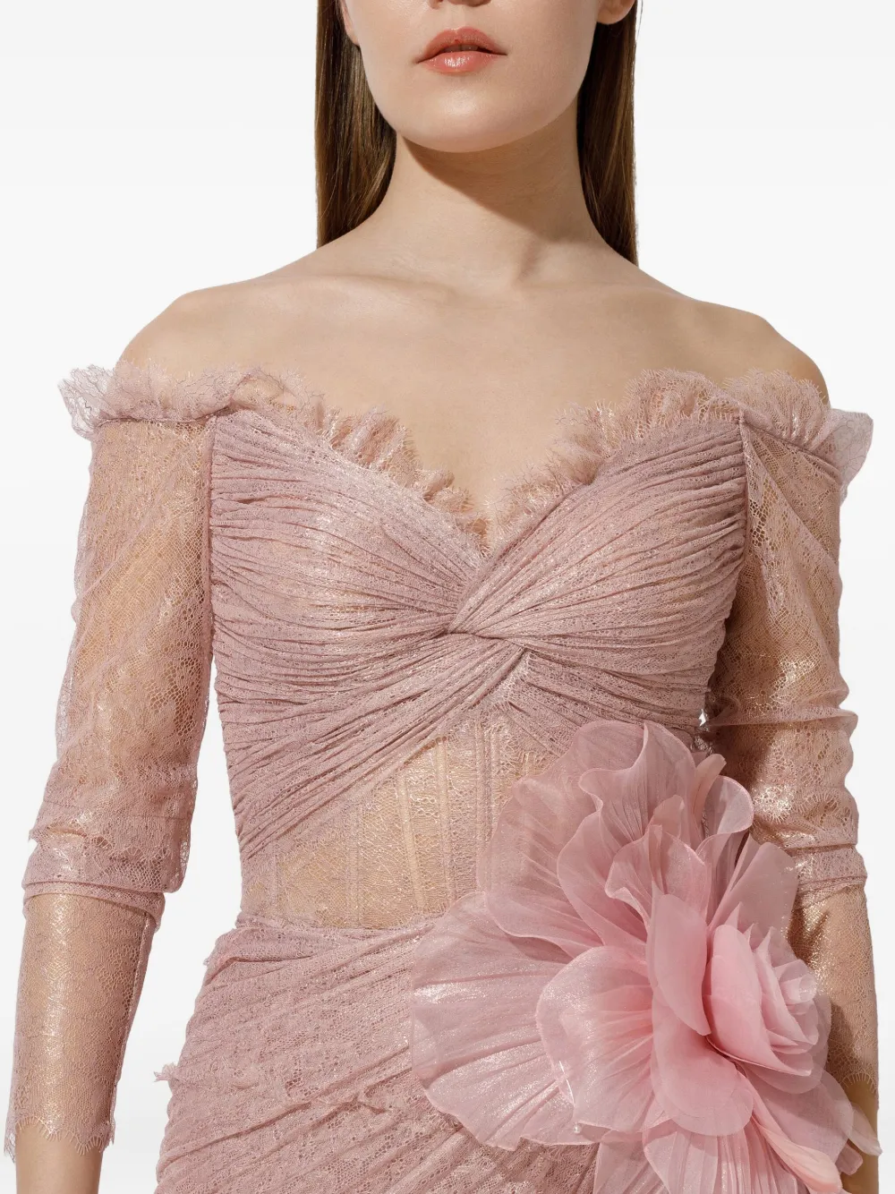 Iris Serban Lorena Pleated Lace Flower Dress In Neutral