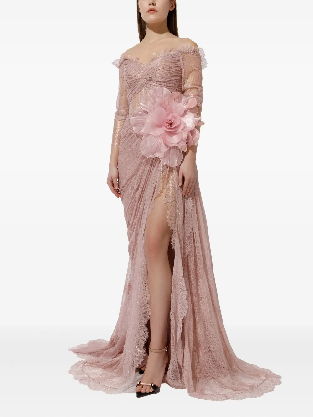 Iris Serban Lorena Pleated Lace Flower Dress In Neutral