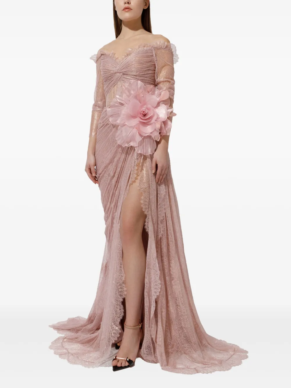 Iris Serban Lorena geplooide jurk met bloemenkant Roze