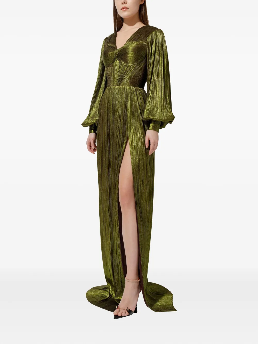 Iris Serban Pleated Long-sleeve Dress In Green