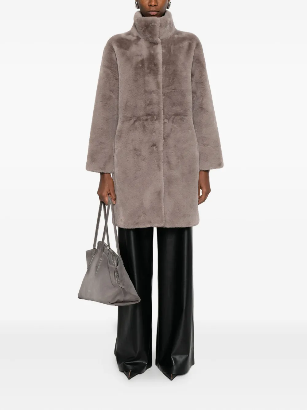 Apparis High-neck Button Coat In Neutral