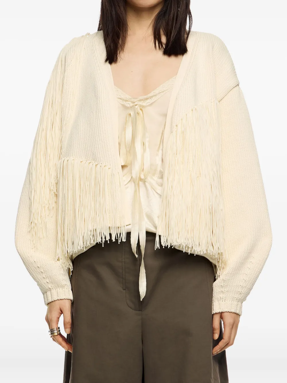Bimba Y Lola Fringe-detail Knitted Cardigan In Neutral