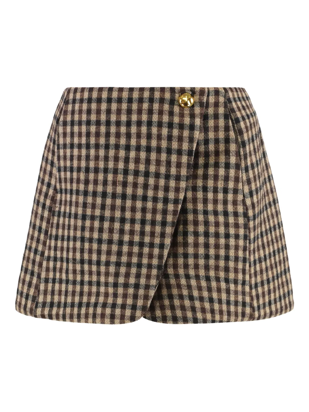 Ganni Womens Chicory Coffee Checked Gold-toned Button Wool-blend Mini Skirt In Multi