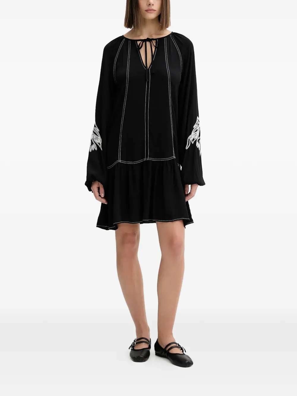 Desigual tie embroidered mini dress - Zwart