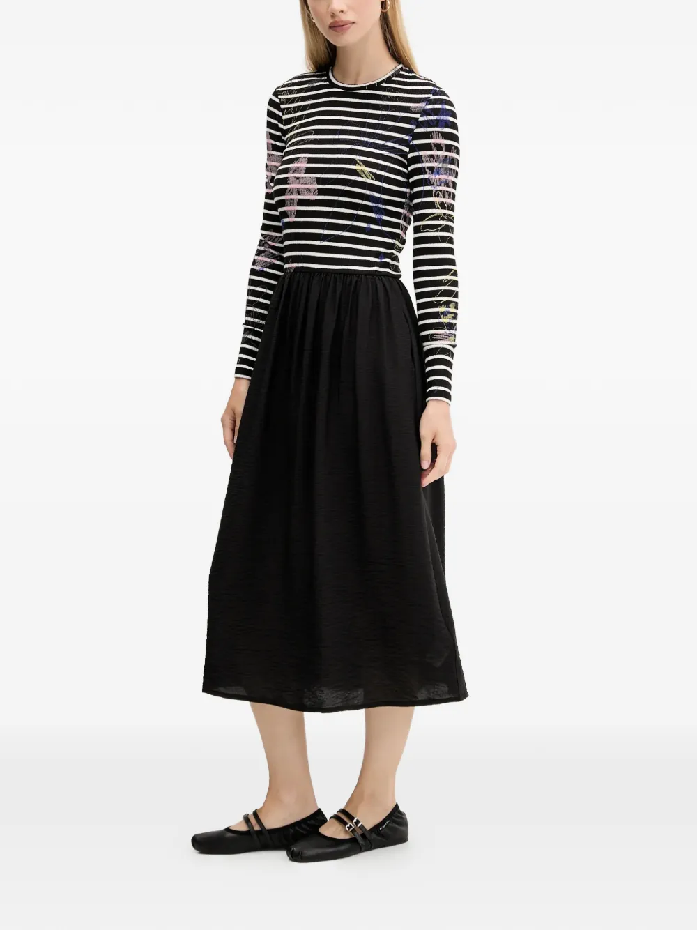 Desigual striped floral print midi dress - Zwart