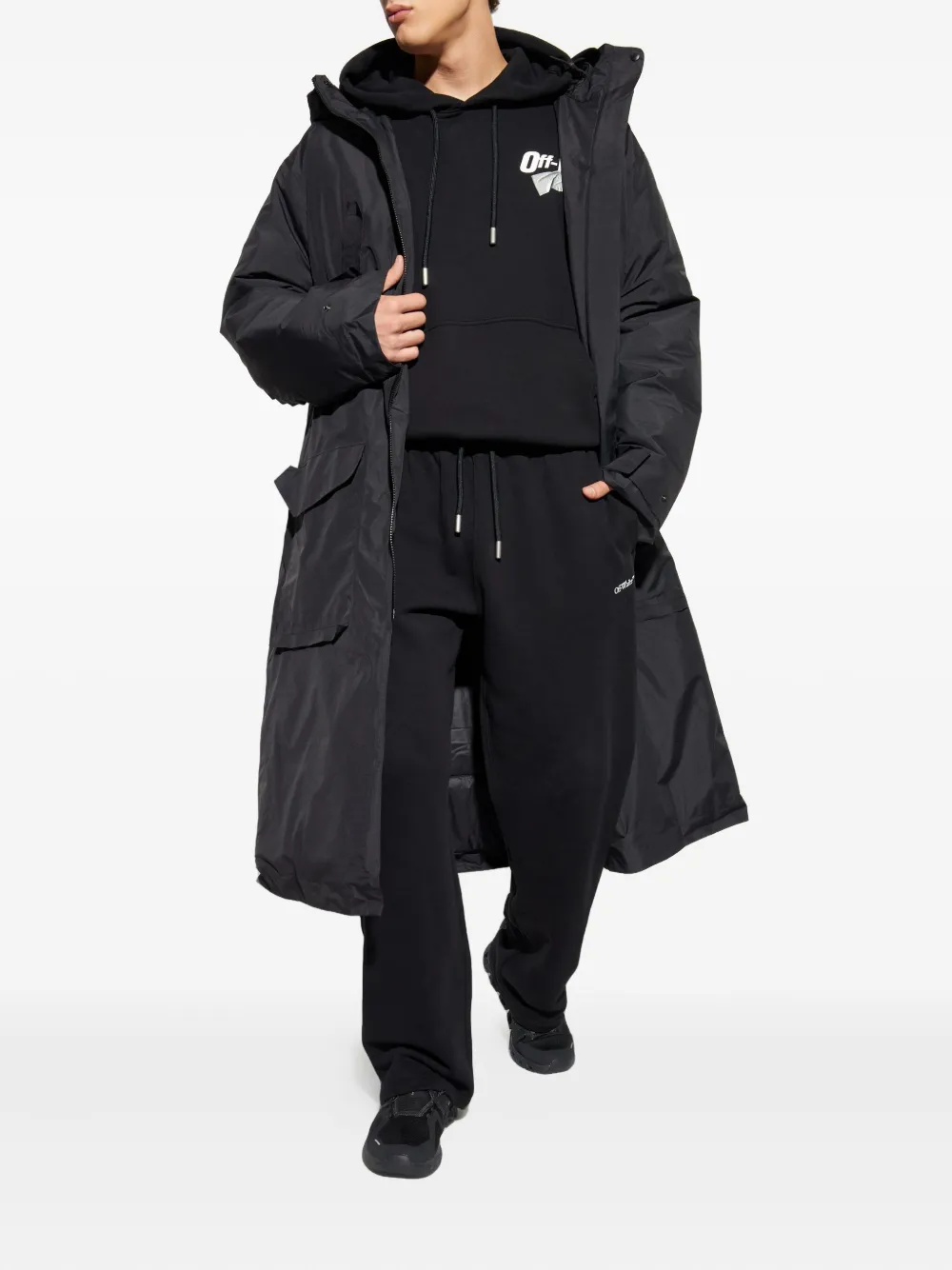 Off-white Tape-logo Cotton Hoodie In Black