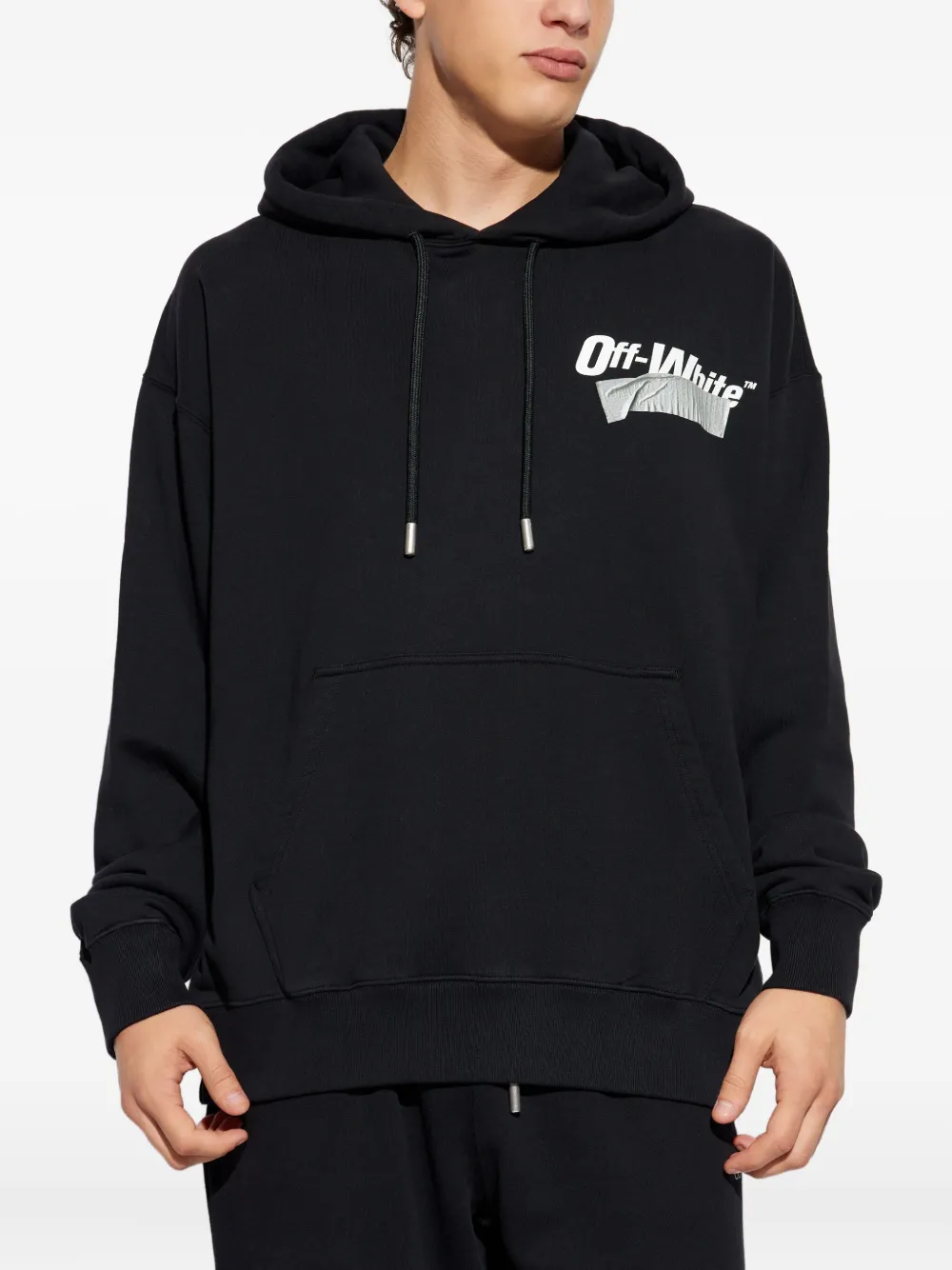 Off-white Tape-logo Cotton Hoodie In Black