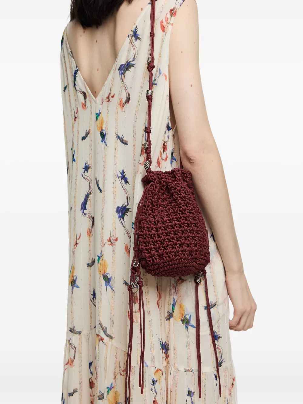 Bimba Y Lola Crochet Drawstring Bucket Bag In Red