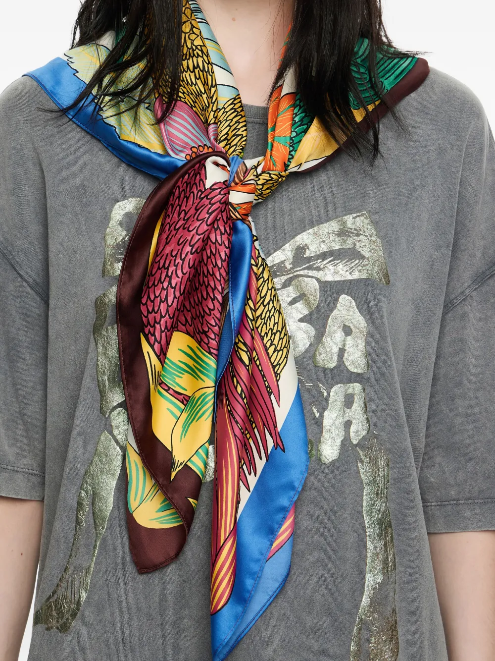 Bimba Y Lola Bird-print Floral Scarf In Multi