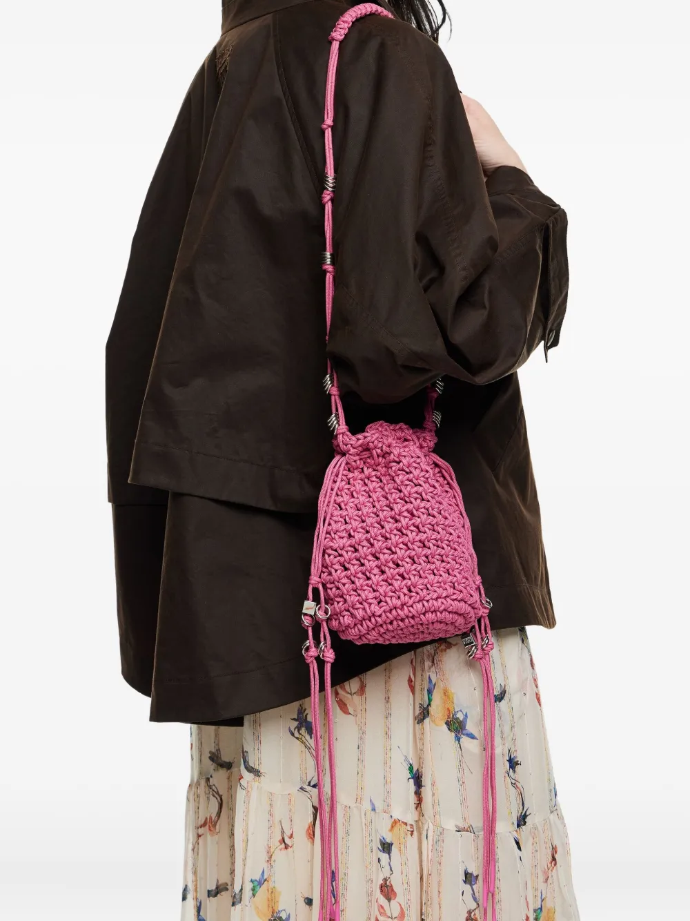 Bimba Y Lola Crochet Drawstring Bucket Bag In Pink