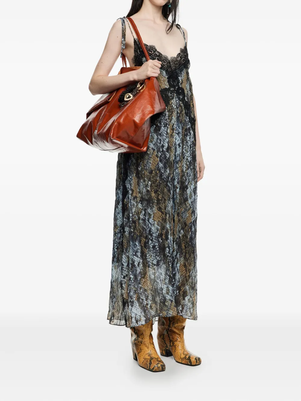 Bimba Y Lola Snake-print Lace-trimmed Midi Dress In Multi
