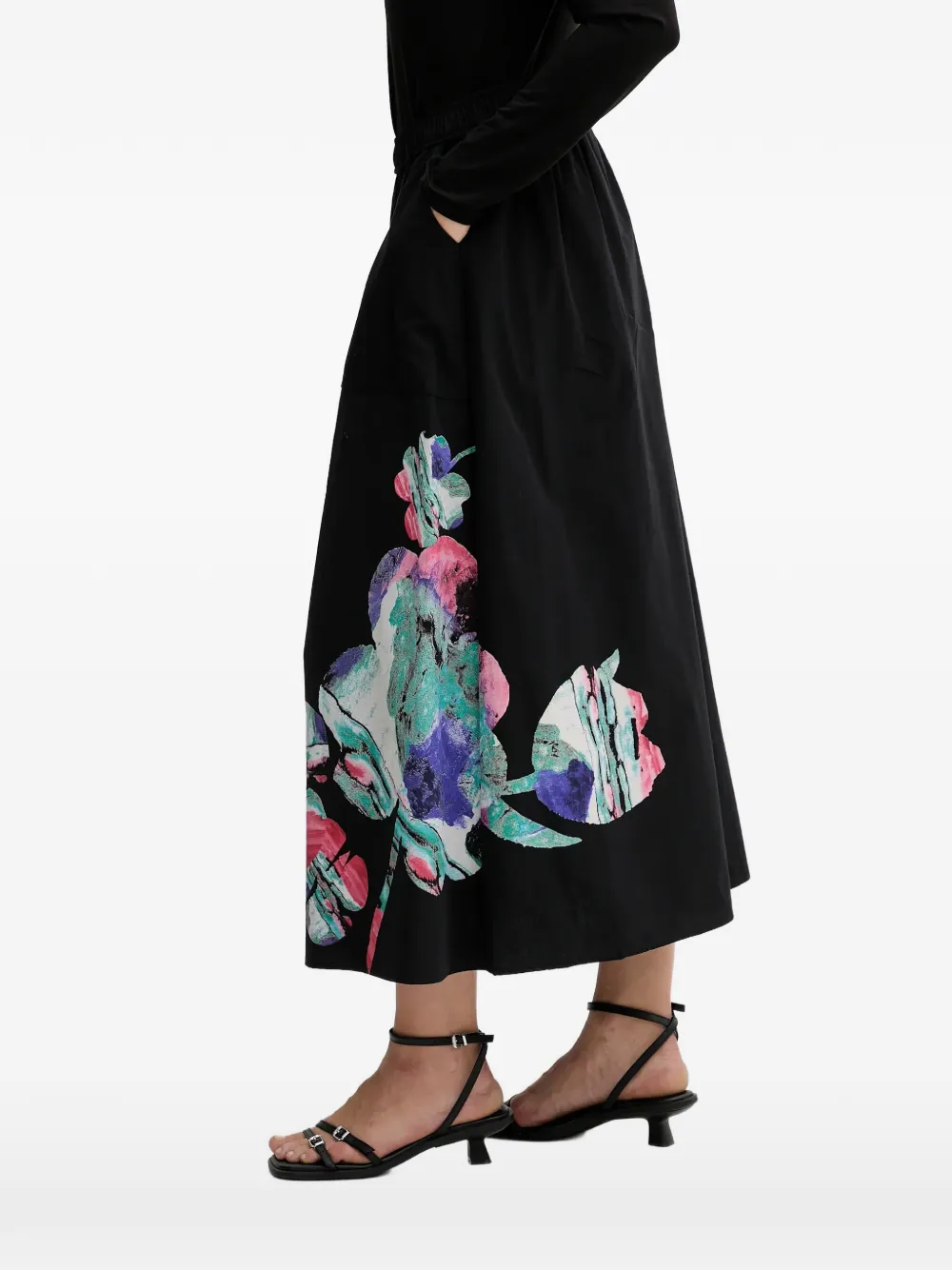Floral-Print Pockets Midi Skirt
