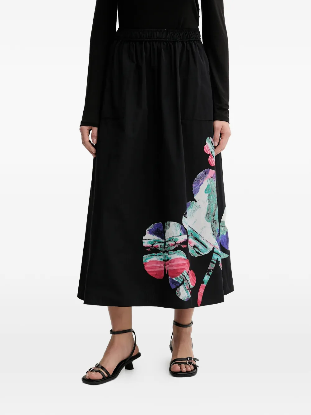 Desigual floral-print pockets midi skirt - Nero