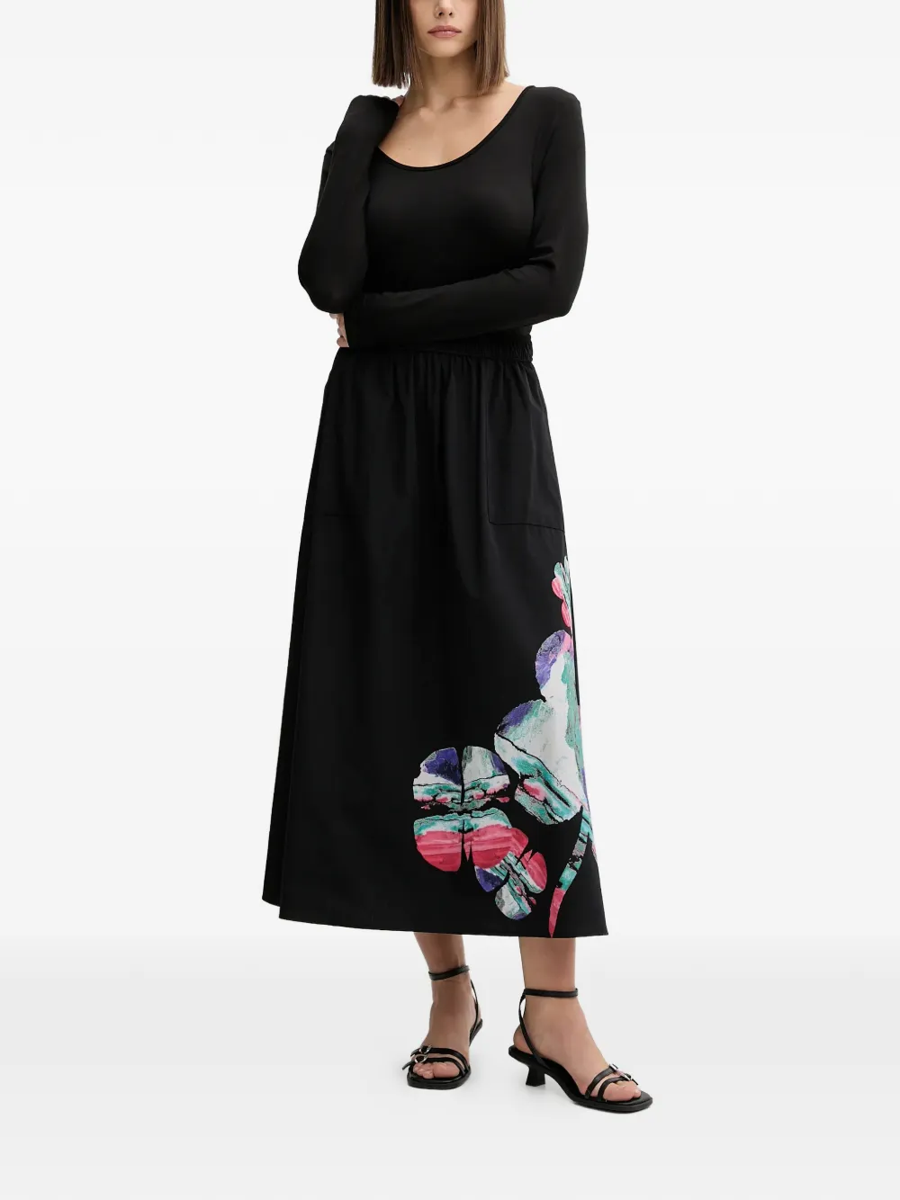 Desigual floral-print pockets midi skirt - Zwart