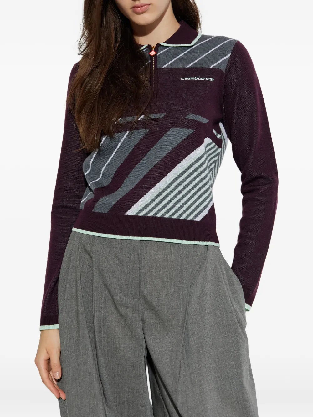 Casablanca Violet Geometric Pattern Sweater With Zip-up Collar In Multi