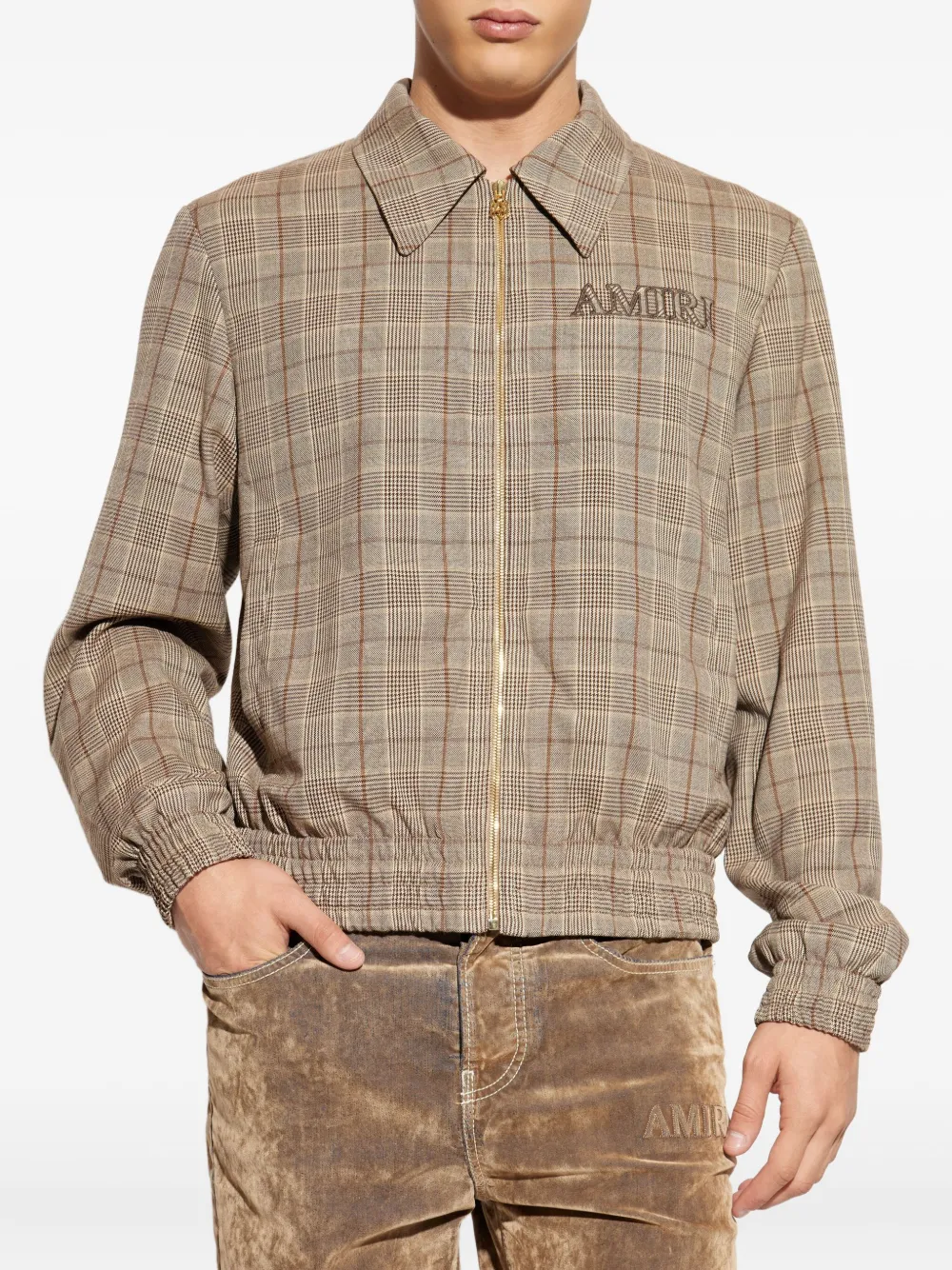 Amiri Check-pattern Embroidered-logo Jacket In Brown