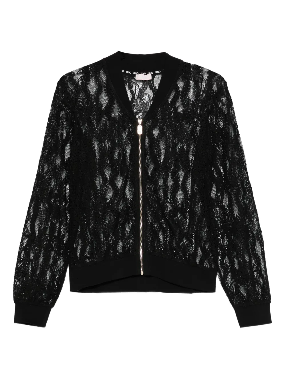 Liu •jo Lace-panel Zip-front Cardigan In Black