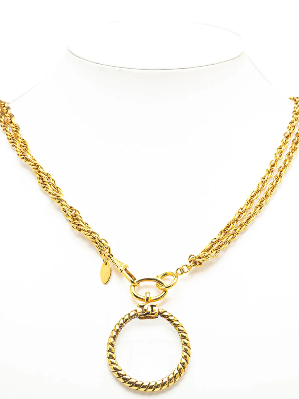 Pre-owned Chanel 1970-1980 Gold Plated Double Chain Loupe Magnifying Glass Pendant Necklace Costume Necklace