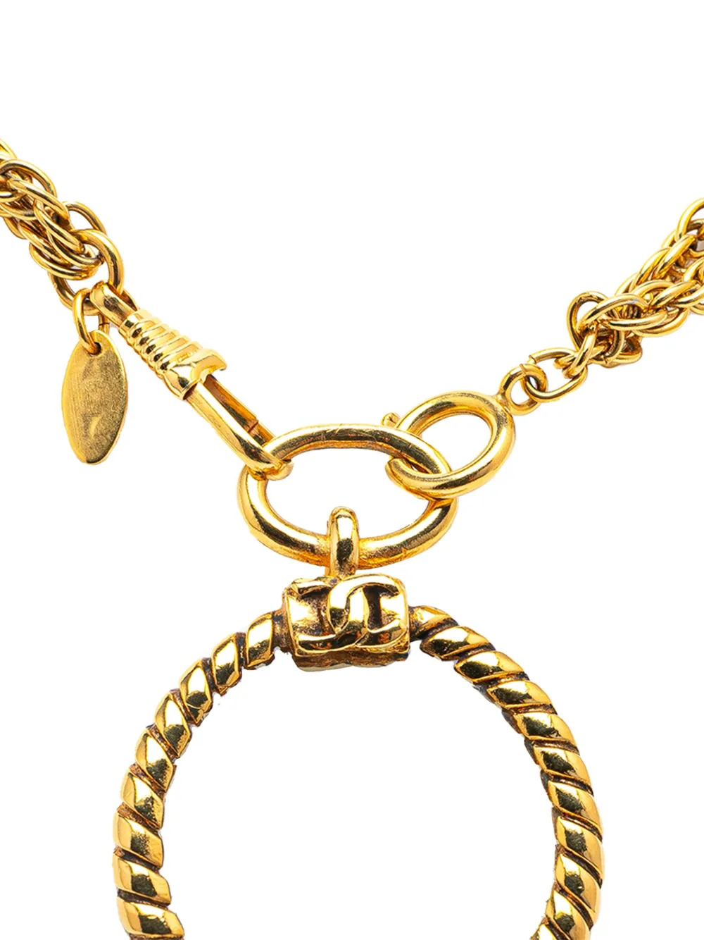 Pre-owned Chanel 1970-1980 Gold Plated Double Chain Loupe Magnifying Glass Pendant Necklace Costume Necklace