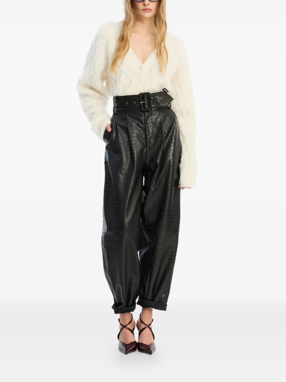 ROTATE BIRGER CHRISTENSEN Leren broek met ceintuur - Zwart