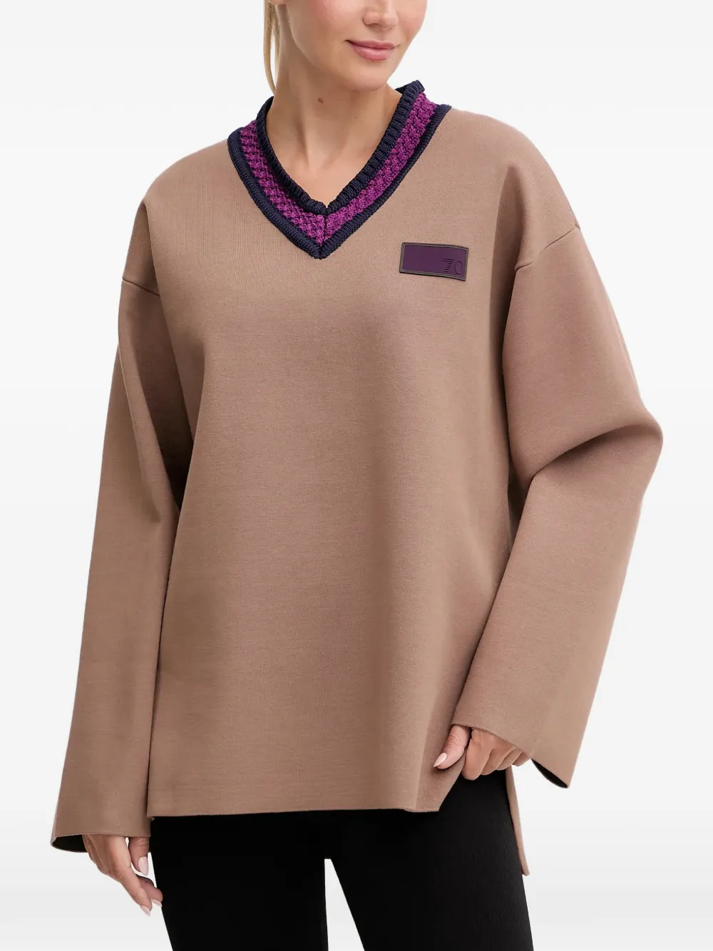 Ea7 V-neck Logo-patch Sweater In Brown