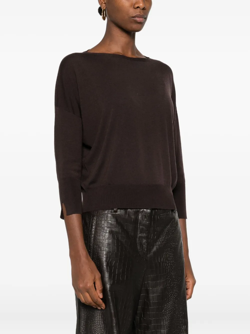 Incotex Boat-neck Three-quarter Sleeve Sweater In Brown