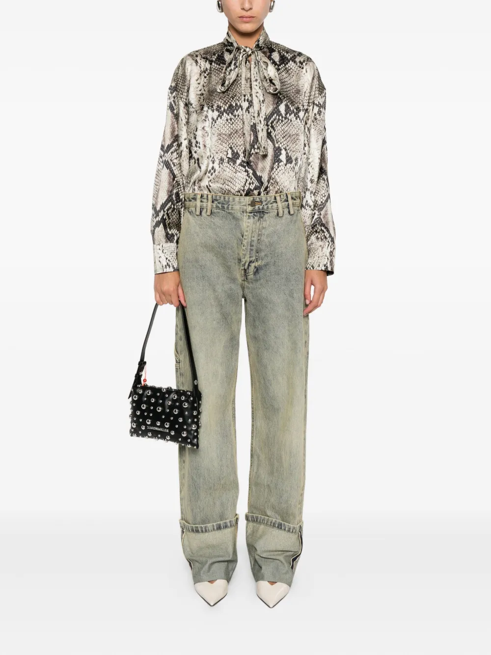 Roberto Cavalli Blouse met slangenhuidprint en gestrikte hals - Beige