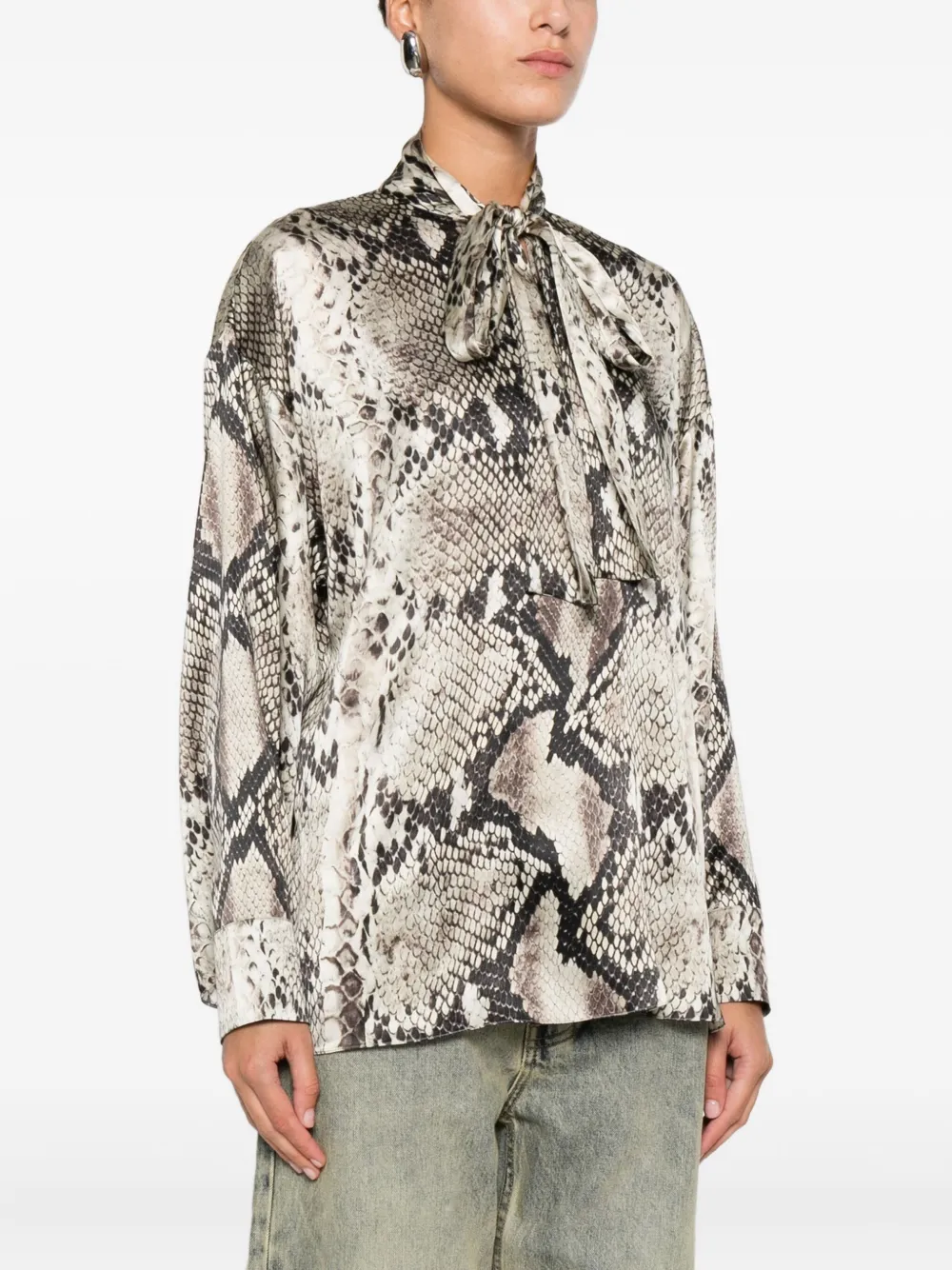 Roberto Cavalli Blouse met slangenhuidprint en gestrikte hals Beige
